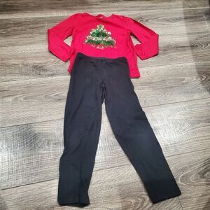 Girls Matching Outfit Set Size 4-5 Red Christmas Tree Top and Black Leggings Set